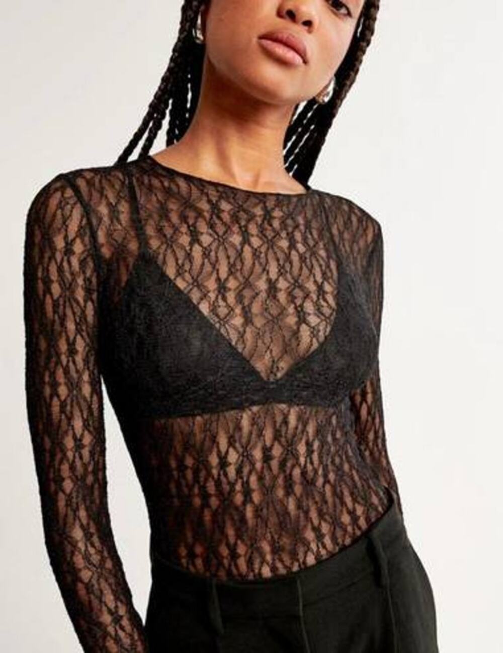 NWT Abercrombie & Fitch Sheer Lace Seamed Long Sleeve Top Black Women's Size XS